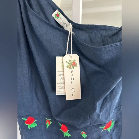 Fanm Mon 100% Linen Blue One-Shoulder Dress with Floral Embroidery